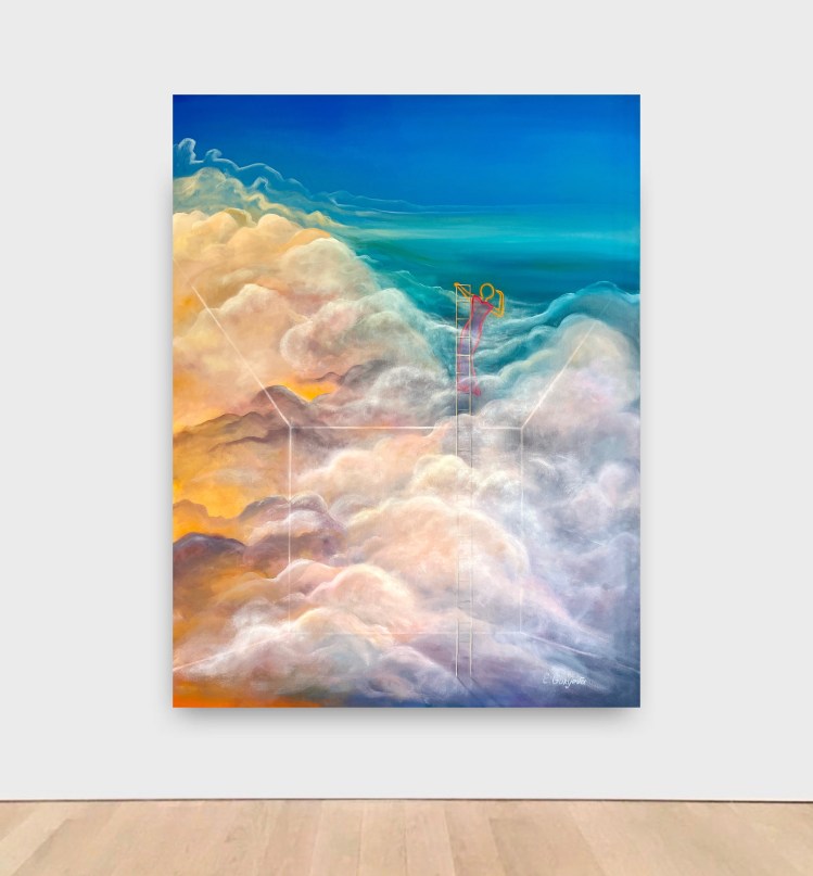 Contemporary artwork, woman on ladder in clouds