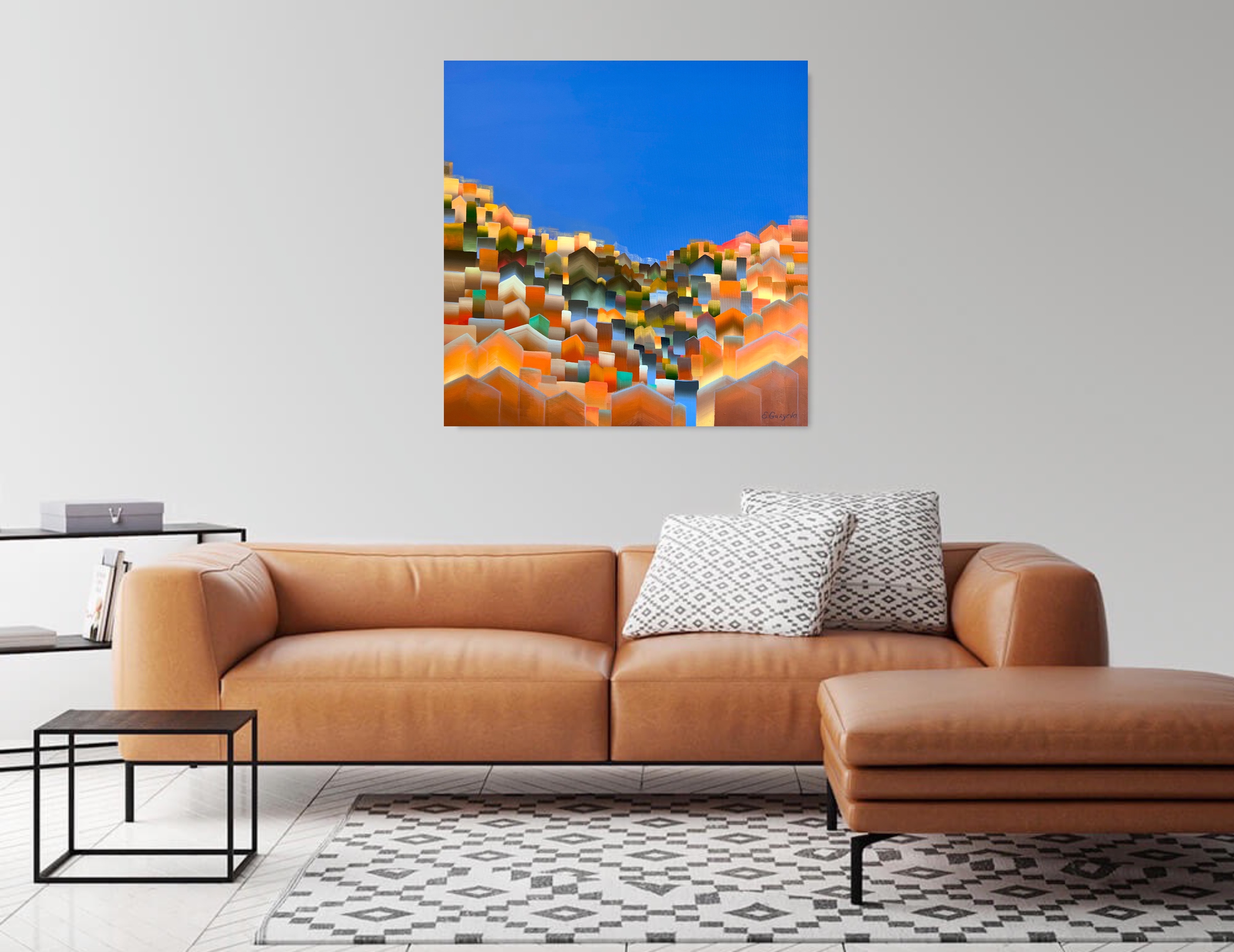 Geometric abstract colorful artwork, art gallery, paintings for sale online, blue yellow orange colors, artwork in interior