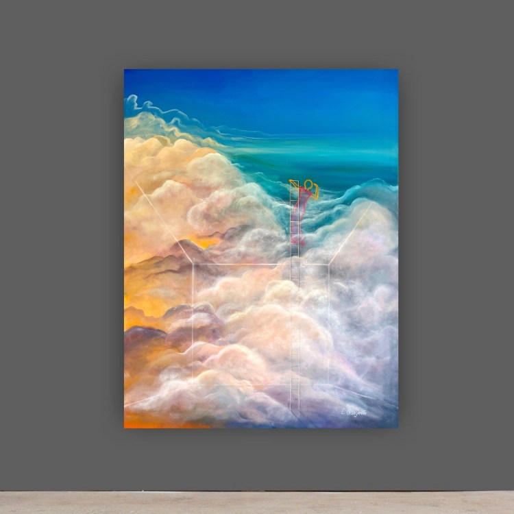 Contemporary artwork, woman on ladder in clouds, oil painting for sale San Francisco Bay Area