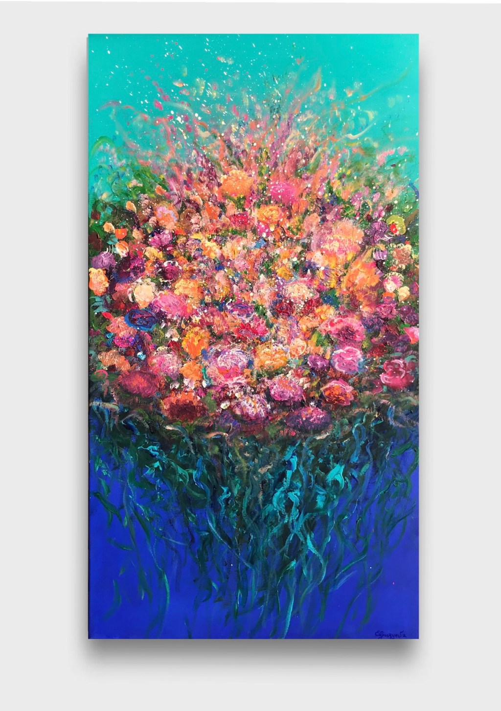 flowers acrylic painting, colorful, blue, green, red, yellow