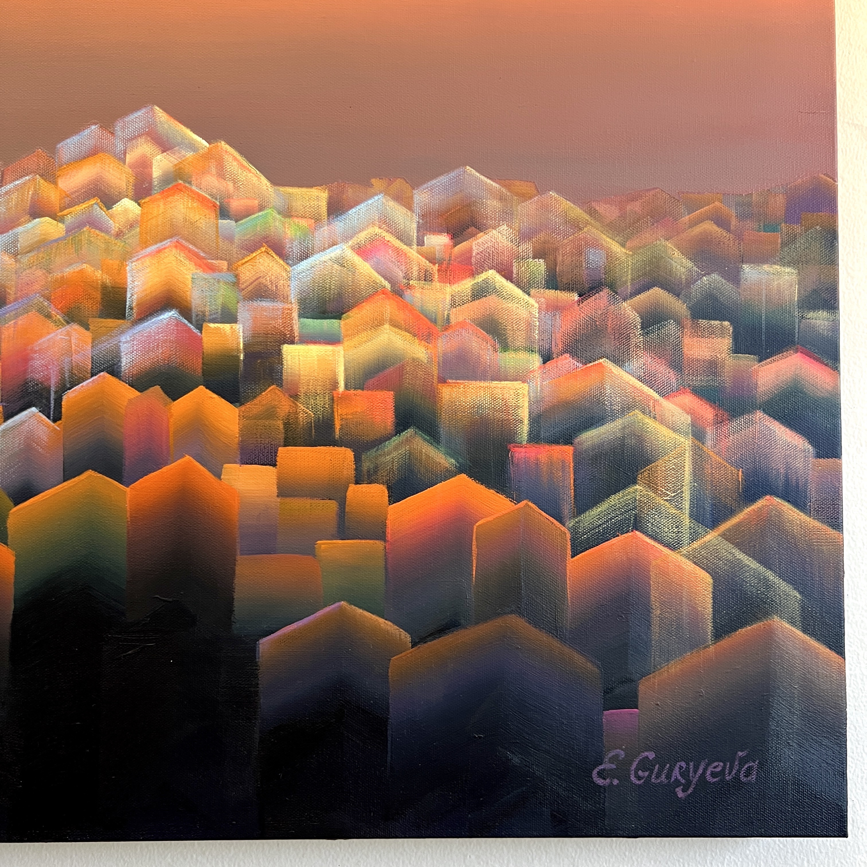 Contemporary abstract painting, sunset, winery, orange, yellow blue colors