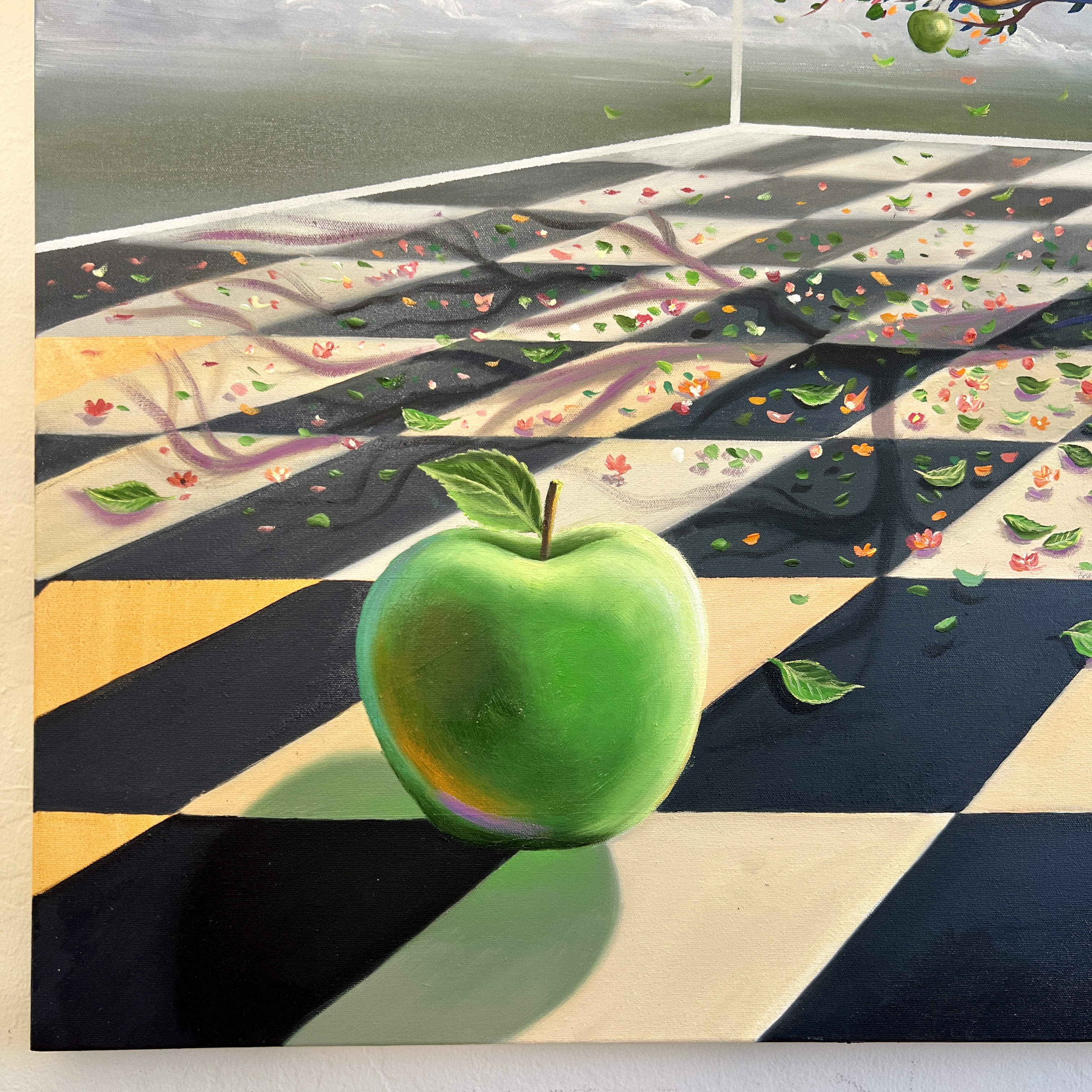 Apple, Uncharted reality, surrealistic oil painting, alternate existence, perspective shift