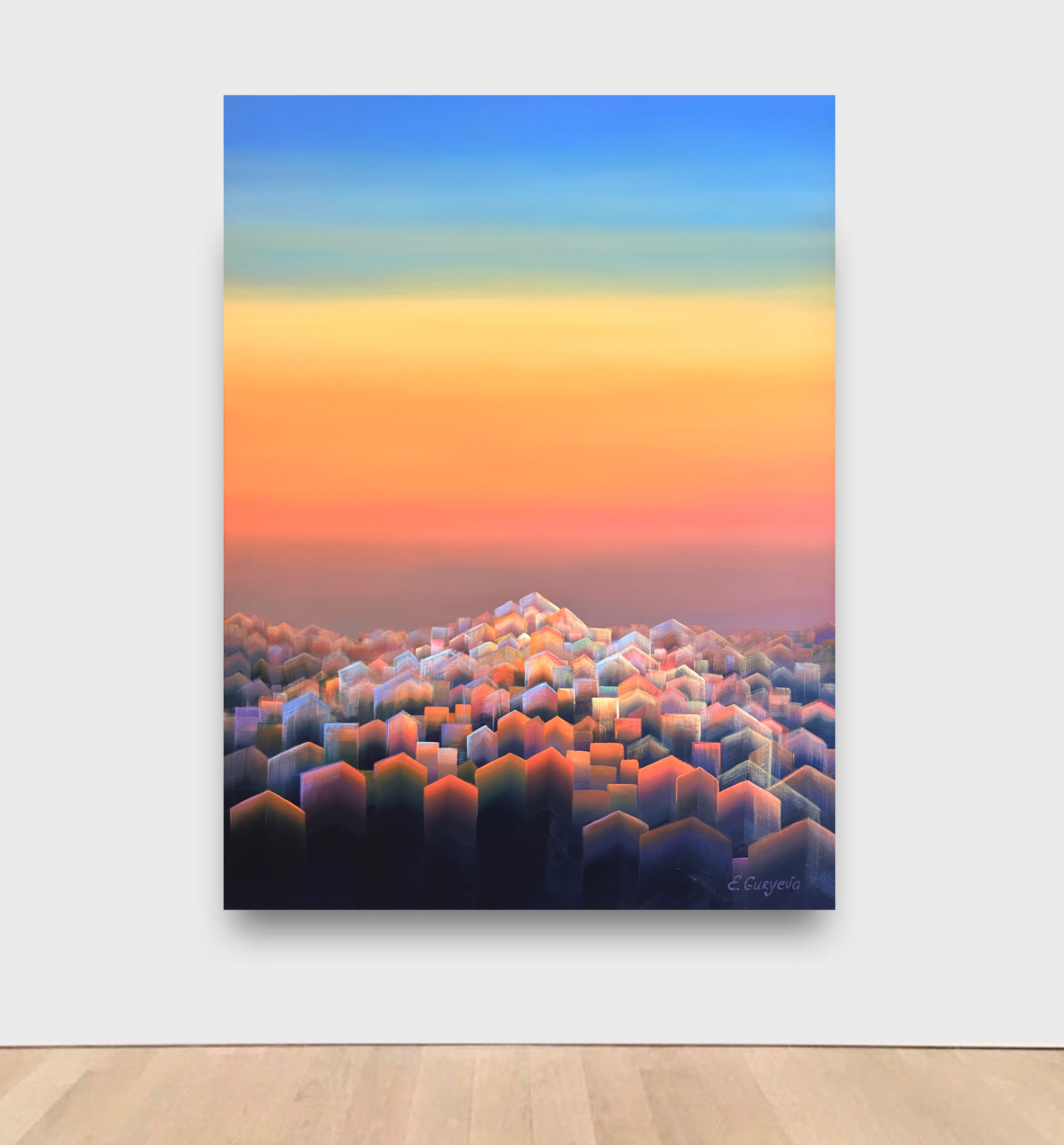 Contemporary abstract painting, sunset, winery, orange, yellow blue colors