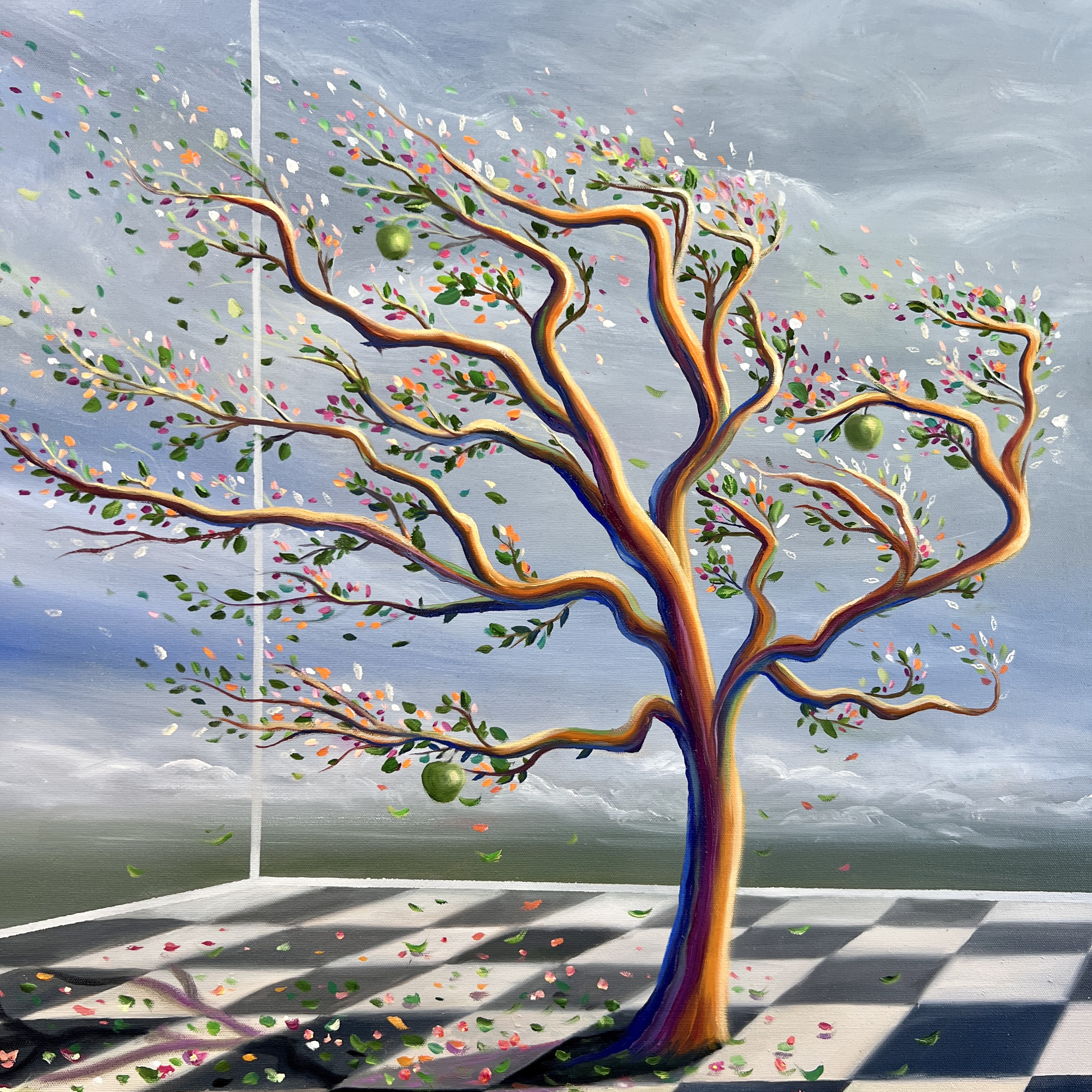 Uncharted reality, tree, wind, surrealistic oil painting, alternate existence, perspective shift