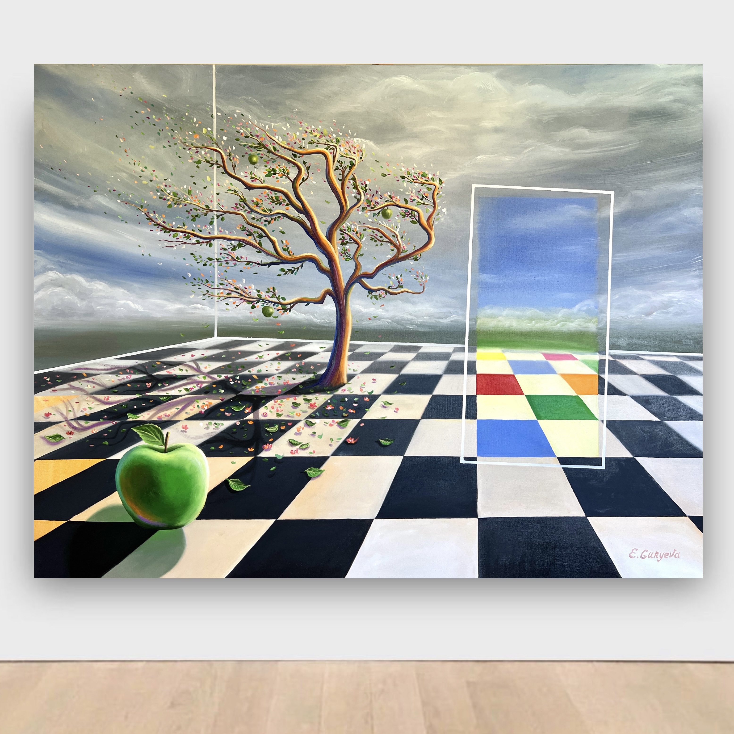 Surrealistic oil painting, apple, tree, door, uncharted reality