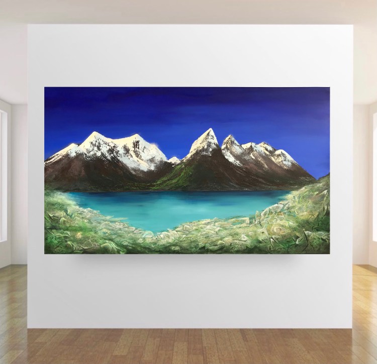 Abstract mountain lake landscape painting for sale from artist in Novato, San Francisco, California, large artwork