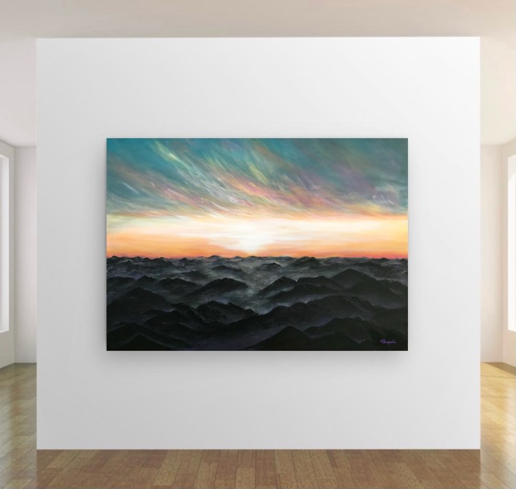Abstract mountain sunset painting for sale, artist California
